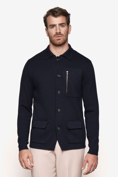 Knitted overshirt jacket "cloth stitch" pocket and zipper
