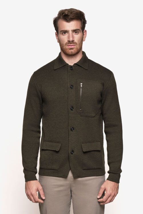 Giacca overshirt in maglia "punto stoffa" taschino e zip - 23AW08M_VERDE MILITARE